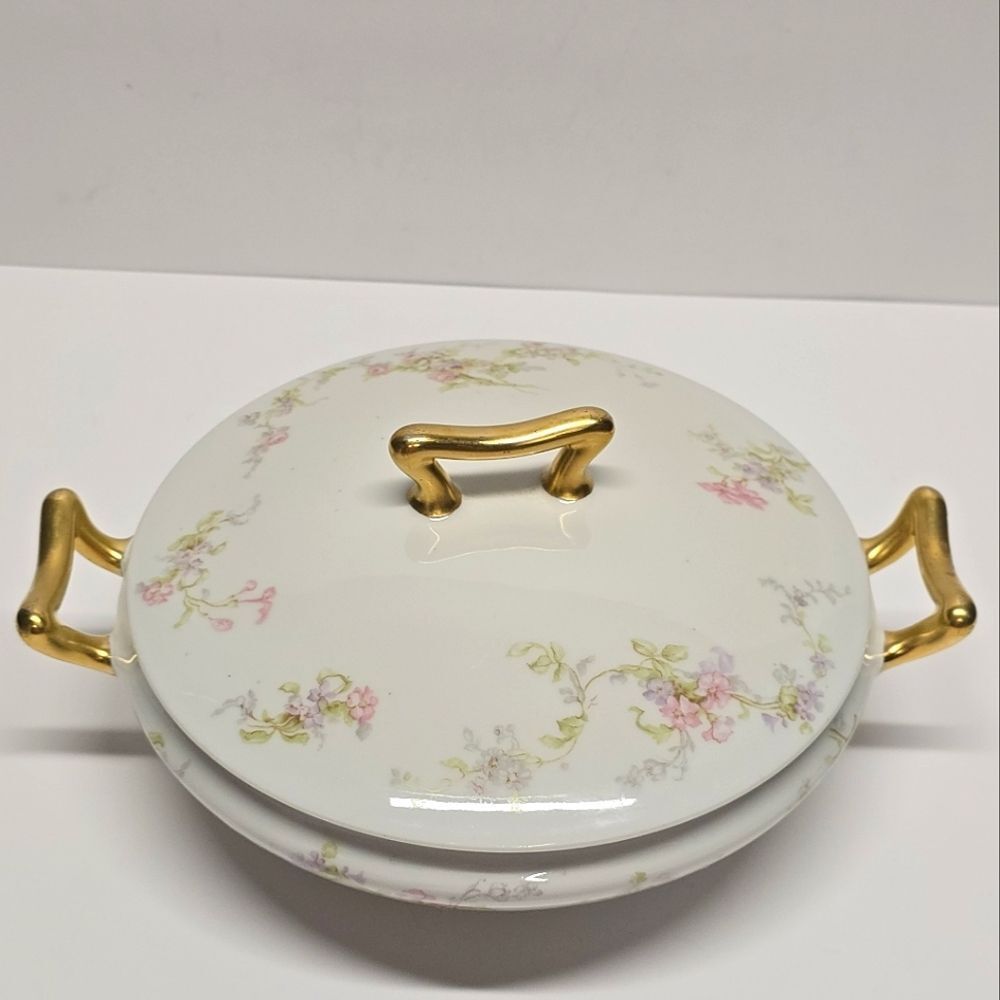 Antique Vintage Limoges Elite Works Floral Round Vegetable Bowl Dish Gold Handle